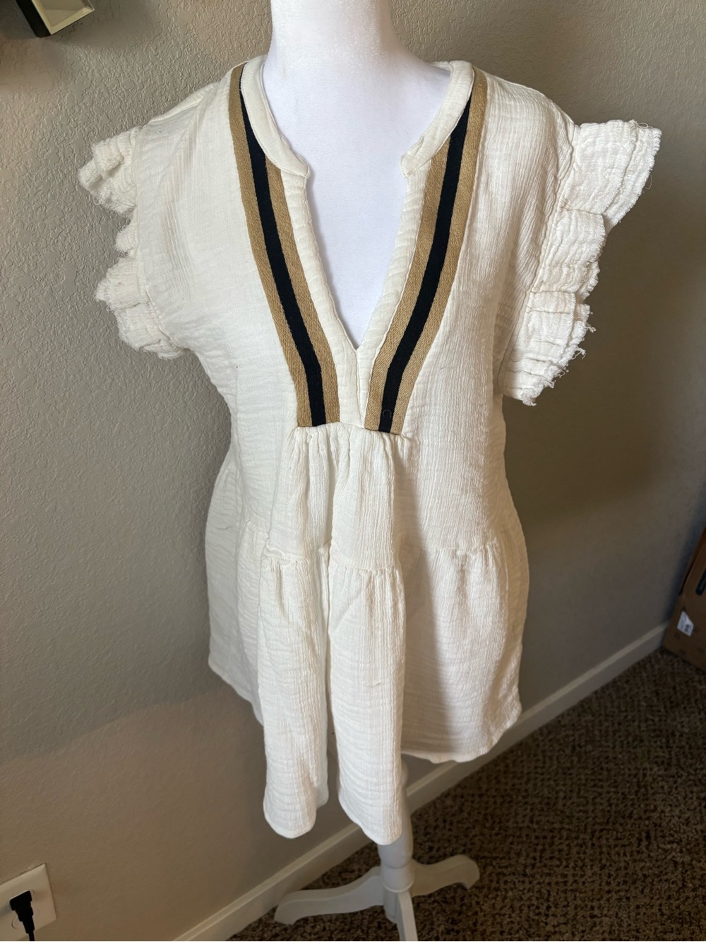 Cost Plus World Market Cream V-Neck Tunic with Black and Tan Stripes